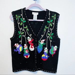 Vintage Ugly Christmas Knit Beaded Elf Ornament Button Front Vest Size Medium